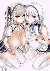 Rule 34 | 2girls, ahoge, apron, asanagi, azur lane, bare shoulders, between breasts, black hairband, blue eyes, blush, breasts, choker, cleavage, closed mouth, collarbone, commentary request, cosplay, covered erect nipples, dido (azur lane), dido (azur lane) (cosplay), dress, earrings, formidable (azur lane), frilled apron, frilled choker, frills, grey hair, hair ribbon, hairband, highres, huge breasts, illustrious (azur lane), jewelry, long hair, looking at viewer, maid apron, mole, mole under eye, multiple girls, open mouth, puffy short sleeves, puffy sleeves, red eyes, ribbon, short sleeves, simple background, sirius (azur lane), sirius (azur lane) (cosplay), sitting, sleeveless, sleeveless dress, smile, thighhighs, thighs, tongue, tongue out, tress ribbon, tri tails, twintails, two-tone ribbon, very long hair, waist apron, white apron, white background, white hair, white legwear