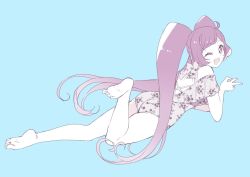 Rule 34 | 1girl, barefoot, blush, casual one-piece swimsuit, commentary request, floral print, limited palette, long hair, looking at viewer, lying, manaka laala, on stomach, one-piece swimsuit, one eye closed, pretty series, pripara, purple eyes, purple hair, ribbon, rn10r, sidelocks, simple background, solo, swimsuit, twintails, v, very long hair