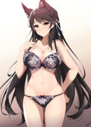 Rule 34 | 1girl, animal ear fluff, animal ears, atago (azur lane), azur lane, bare arms, bare shoulders, black bow, black bra, black hair, black panties, blush, bow, bow bra, bow panties, bra, breasts, brown eyes, cleavage, closed mouth, collarbone, fukuda shuushi, gradient background, hair bow, hair ribbon, hand on own hip, hand on own chest, hand up, highres, large breasts, lingerie, lips, long hair, looking at viewer, mole, mole under eye, navel, panties, ribbon, shiny skin, simple background, skindentation, smile, solo, standing, stomach, string panties, swept bangs, thighs, underwear, underwear only, very long hair, white ribbon
