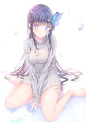 Rule 34 | 1girl, absurdres, aoi nabi, barefoot, black hair, blue eyes, bow, bow earrings, breasts, bug, butterfly, butterfly hair ornament, cleavage, cleavage cutout, clothing cutout, earrings, grey sweater, hair behind ear, hair ornament, highres, indie virtual youtuber, insect, jewelry, long hair, long sleeves, looking at viewer, medium breasts, miksin, necklace, open mouth, simple background, sitting, sleeves past wrists, smile, solo, sweater, thigh strap, virtual youtuber, wariza