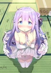 Rule 34 | 1girl, ahoge, azur lane, bare shoulders, black bow, black ribbon, blue eyes, blush, bow, box, breasts, breasts out, cardboard box, clothes lift, collarbone, commentary request, detached sleeves, dress, dress lift, hair between eyes, hair bun, hair ribbon, halterneck, indoors, kibii mocha, kneeling, long hair, long sleeves, looking at viewer, looking up, medium breasts, nipples, nose blush, one side up, panties, parted lips, purple hair, ribbon, see-through, side bun, single hair bun, single side bun, sleeves past wrists, solo, tatami, thighhighs, underwear, unicorn (azur lane), very long hair, white dress, white panties, white thighhighs
