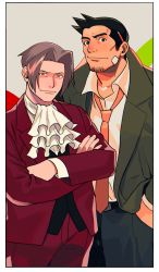Rule 34 | 2boys, ace attorney, ace attorney investigations, bad id, bad twitter id, bandaid, bandaid on face, black hair, black vest, bow, bowtie, butler, coat, cowboy shot, dick gumshoe, facial hair, formal, green coat, grey hair, highres, jacket, looking at viewer, male focus, miles edgeworth, multiple boys, object behind ear, open clothes, open coat, paguraisu, pants, parted bangs, red jacket, red pants, shirt, short hair, simple background, smile, spiked hair, stubble, tray, vest, white shirt