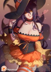 Rule 34 | 1girl, ahri (league of legends), animal ears, bare shoulders, black hair, breasts, choker, cleavage, corset, cowboy shot, detached sleeves, dress, fox ears, fox tail, hair between eyes, hat, heart, juliet sleeves, large breasts, layered dress, league of legends, long hair, long sleeves, looking at viewer, multiple tails, nail polish, orange eyes, puffy sleeves, short dress, single thighhigh, slit pupils, smile, solo, songjikyo, striped clothes, striped thighhighs, tail, thighhighs, wide sleeves, witch hat