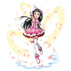 Rule 34 | 1girl, :d, arm up, armpits, black eyes, black hair, blunt bangs, bracelet, elbow gloves, floating hair, frilled gloves, frills, full body, gloves, heart, highres, holding, holding microphone, idol, jewelry, layered skirt, long hair, looking at viewer, microphone, miniskirt, musical note, official art, open mouth, skirt, sleeveless, smile, solo, sword art online, thighhighs, transparent background, very long hair, white gloves, white thighhighs, yui (sao)