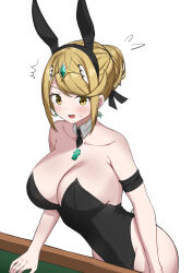 Rule 34 | 1girl, ^^^, absurdres, animal ears, aotsuba, bare shoulders, black hairband, black leotard, blonde hair, blush, breasts, cleavage, collar, collarbone, commentary request, detached collar, earrings, fake animal ears, flying sweatdrops, hair bun, hairband, headpiece, highres, jewelry, large breasts, leaning forward, leotard, mythra (xenoblade), open mouth, rabbit ears, sidelocks, simple background, solo, strapless, strapless leotard, sweat, swept bangs, white background, white collar, wing collar, xenoblade chronicles (series), xenoblade chronicles 2, yellow eyes