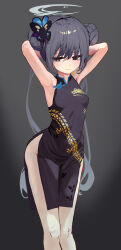 Rule 34 | 1girl, absurdres, armpits, arms behind head, black dress, black hair, blue archive, butterfly hair ornament, china dress, chinese clothes, double bun, dress, grey eyes, groin, hair bun, hair ornament, halo, highres, kisaki (blue archive), long hair, lovelyme, solo, sweat, twintails