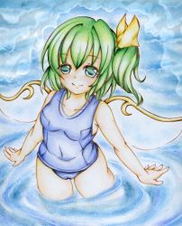 Rule 34 | 1girl, absurdres, alternate costume, breasts, cameltoe, cloud, cloudy sky, collarbone, colored pencil (medium), daiyousei, fairy wings, green eyes, green hair, hair ribbon, highres, kuropotechi, looking at viewer, matching hair/eyes, medium breasts, one-piece swimsuit, open hand, pastel (medium), ribbon, school swimsuit, short hair, side ponytail, sky, smile, solo, swimsuit, touhou, traditional media, wading, water, wings, wrists extended