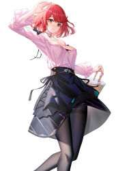 Rule 34 | 1girl, arm up, bare shoulders, basket, black pantyhose, black skirt, blush, breasts, cleavage, collarbone, commentary request, feet out of frame, highres, holding, large breasts, long sleeves, looking at viewer, off-shoulder shirt, off shoulder, pantyhose, parted lips, pink shirt, pyra (xenoblade), red eyes, red hair, ririko (zhuoyandesailaer), shirt, simple background, skirt, smile, solo, standing, swept bangs, thighband pantyhose, white background, white shirt, xenoblade chronicles (series), xenoblade chronicles 2