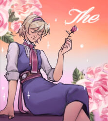 Rule 34 | 1girl, alice margatroid, arm support, belt, blonde hair, blue dress, bow, bowtie, cincidious, closed eyes, collared shirt, commentary, crossed legs, dress, english commentary, floral background, flower, frilled dress, frills, gradient background, hairband, holding, holding flower, nose, orange background, pink flower, pink rose, red bow, red bowtie, red hairband, red sash, rose, sash, shirt, short hair, sleeves rolled up, solo, touhou, white shirt