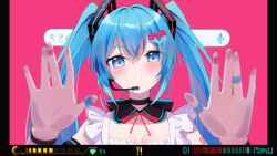 Rule 34 | 1girl, 200f (nifu), against fourth wall, alternate costume, aqua hair, blue eyes, blush, commentary request, fourth wall, hair between eyes, hair ornament, hands up, hatsune miku, headset, heart, heart hair ornament, highres, long hair, looking at viewer, neck ribbon, parted lips, pink background, portrait, red ribbon, ribbon, sidelocks, solo, teeth, twintails, vocaloid