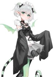 1girl acosic apron arianna_the_labrynth_servant asymmetrical_legwear black_sleeves breasts cleavage commentary_request cowboy_shot demon_girl demon_horns detached_sleeves duel_monster green_eyes green_wings hand_up highres horns light_smile looking_at_viewer maid_apron maid_headdress mismatched_legwear pointy_ears short_hair sidelocks simple_background sleeves_past_fingers sleeves_past_wrists small_breasts solo striped_tail tail twintails white_background white_horns wings yu-gi-oh!