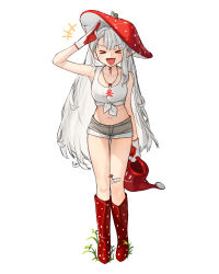 Rule 34 | 1girl, arm up, bandaid, bandaid on knee, bandaid on leg, boots, closed eyes, full body, gloves, grey shorts, highres, long hair, midriff, navel, open mouth, original, polka dot footwear, print tank top, red footwear, red headwear, rinotuna, shirt, shorts, simple background, smile, solo, standing, tank top, tied shirt, very long hair, watering can, white background, white hair, white tank top