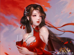 Rule 34 | 1girl, artist request, breasts, brown hair, cleavage cutout, clothing cutout, cup, dress, facial mark, falling petals, forehead mark, hair ornament, hair rings, holding, holding cup, huo linger (wanmei shijie), long hair, looking to the side, medium breasts, outdoors, parted lips, petals, red dress, red eyes, red wine, second-party source, sky, solo, upper body, wanmei shijie, wine