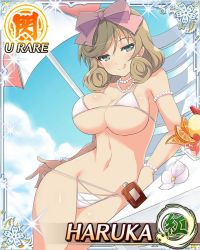 Rule 34 | 10s, 1girl, :q, armband, bikini, blonde hair, bow, bra, breasts, brown hair, card (medium), chair, character name, cleavage, emblem, female focus, flower, food, fruit, green eyes, hair bow, hair ornament, hair ribbon, haruka (senran kagura), huge breasts, jewelry, large breasts, looking at viewer, lotion, micro bikini, navel, necklace, official art, panties, ribbon, senran kagura, senran kagura new wave, shiny skin, short hair, skindentation, smile, solo, strap pull, swimsuit, thick thighs, thighs, tongue, tongue out, trading card, umbrella, underboob, underwear