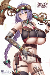 Rule 34 | 1girl, :o, ahoge, android, axe, belt, belt pouch, braid, braided ponytail, breasts, cleavage, cleavage cutout, clothing cutout, gears, goggles, goggles on head, highres, huge breasts, kannko bokujou, long hair, looking at viewer, mechanical arms, navel, original, over shoulder, pouch, purple hair, short shorts, shorts, single mechanical arm, skindentation, solo, standing, steampunk, thighhighs, thighs, underboob, underboob cutout, weapon, weapon over shoulder, yellow eyes