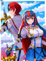 Rule 34 | 1girl, alear (female) (fire emblem), alear (fire emblem), alear (male) (fire emblem), armor, blue eyes, blue hair, blush, braid, breasts, crossed bangs, crown braid, fire emblem, fire emblem engage, gloves, heterochromia, highres, jewelry, large breasts, long hair, looking at viewer, medium breasts, multicolored hair, nintendo, red eyes, red hair, shimako (smk023), smile, two-tone hair, very long hair, weapon