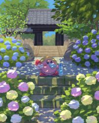 Rule 34 | architecture, blue eyes, blue flower, blue sky, blush, blush stickers, bottle, bush, commentary request, dappled sunlight, day, east asian architecture, flower, food, food in mouth, hat, highres, holding, holding food, holding popsicle, kirby, kirby (series), looking up, miclot, nintendo, no humans, outdoors, pink flower, popsicle, popsicle in mouth, purple flower, ramune, rock, scenery, shade, shaved ice, sky, solo, stairs, star (symbol), straw hat, sunlight, tree, white flower, yellow flower