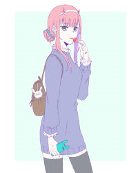 Rule 34 | 1girl, bag, black thighhighs, blue background, blue scrunchie, blue sweater, candy, cowboy shot, darling in the franxx, dress, earrings, food, frilled sleeves, frills, from side, green eyes, hair bun, hair ornament, hair over shoulder, hair scrunchie, hairband, holding, holding phone, horns, jewelry, lollipop, long sleeves, looking at viewer, mukkun696, phone, pink hair, scrunchie, short hair with long locks, sidelocks, single hair bun, solo, standing, sweater, sweater dress, thighhighs, tongue, tongue out, two-tone background, white background, white hairband, zero two (darling in the franxx), zettai ryouiki