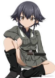 Rule 34 | 10s, 1girl, anzio military uniform, arm behind back, arm rest, arm support, belt, black footwear, black hair, black shirt, boots, braid, brown eyes, closed mouth, commentary, dress shirt, full body, girls und panzer, grey jacket, grey skirt, jacket, knee boots, knife, long sleeves, looking at viewer, military, military uniform, miniskirt, one-hour drawing challenge, pencil skirt, pepperoni (girls und panzer), shibagami, shirt, short hair, side braid, simple background, sitting, skirt, smile, solo, twitter username, uniform, white background