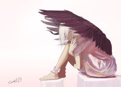 Rule 34 | 1girl, barefoot, black nails, closed mouth, commentary, dress, feathered wings, full body, highres, looking at viewer, nail polish, nicporim, original, pink background, pink dress, self hug, signature, simple background, sitting, solo, white eyes, white hair, wings