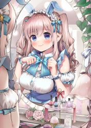 Rule 34 | 1girl, adjusting bow, animal ears, blue bow, blue bowtie, blue eyes, blue ribbon, blush, bottle, bow, bowtie, breasts, brown hair, closed mouth, desk lamp, fake animal ears, flower, geshumaro, hair ribbon, hands up, highres, ivy, lamp, looking at viewer, medium breasts, mirror, nail polish bottle, original, perfume bottle, pink flower, rabbit ears, reflection, ribbon, smile, solo, twintails, upper body, wristband