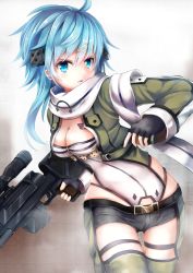 Rule 34 | 10s, 1girl, black gloves, blue eyes, blue hair, breasts, cleavage, fingerless gloves, gloves, grey thighhighs, hair ornament, hairclip, highres, jacket, leotard, matching hair/eyes, open clothes, open jacket, short shorts, shorts, sinon, solo, sword art online, thighhighs, umagenzin