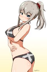 Rule 34 | 10s, 1girl, alternate hairstyle, artist name, ass, bare shoulders, bikini, black bikini, blue eyes, blush, breast hold, breasts, commentary, cowboy shot, crossed arms, embarrassed, covered erect nipples, from side, girls und panzer, hair ornament, hair scrunchie, hair up, itsumi erika, kyanpero, large breasts, long hair, looking at viewer, ponytail, print bikini, scrunchie, sideboob, signature, silver hair, solo, standing, swimsuit, yellow background