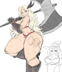 Rule 34 | 2girls, absurdres, amazon (dragon&#039;s crown), armor, axe, bamman, battle axe, bikini, bikini armor, black footwear, black gloves, blue eyes, bodypaint, boots, breasts, dragon&#039;s crown, feathers, gloves, highres, holding, holding axe, large breasts, legs, long hair, looking back, multiple girls, parted bangs, sorceress (dragon&#039;s crown), swimsuit, thighs, vanillaware, weapon, white background, white hair