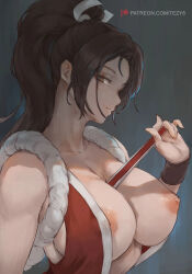 Rule 34 | 1girl, artist name, black wristband, breasts, breasts out, brown eyes, brown hair, collarbone, fatal fury, female focus, fingernails, hand fan, highres, holding, holding fan, kunoichi, large breasts, long hair, looking at viewer, matching hair/eyes, nipples, parted lips, patreon logo, patreon username, ponytail, revealing clothes, shiranui mai, sidelocks, smile, snk, solo, tezy8art, the king of fighters