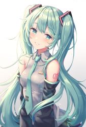 Rule 34 | 1girl, aqua eyes, aqua hair, bare shoulders, blue eyes, collared shirt, cowboy shot, detached sleeves, gradient background, grey background, grey shirt, grin, hair ornament, hatsune miku, highres, kawami nami, long hair, looking at viewer, necktie, shirt, simple background, skirt, smile, solo, twintails, two side up, very long hair, vocaloid, white background