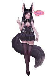 Rule 34 | 1girl, absurdres, animal ears, black dress, black footwear, black hair, black nails, black thighhighs, blush, breasts, brown eyes, censored, censored text, cleavage, cleavage cutout, clothing cutout, dress, english text, fox tail, full body, hand up, highres, lipstick, long hair, looking at viewer, looking back, makeup, medium breasts, middle finger, monster girl, nail polish, original, profanity, simple background, solo, speech bubble, standing, tail, thighhighs, very long hair, white background, xue qi ye (dndtmbdue)