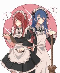 Rule 34 | !, 2girls, ?, alternate costume, alternate hair length, alternate hairstyle, apron, arknights, black dress, black nails, blue eyes, blue hair, blush, bow, bowtie, broom, brown eyes, chinese commentary, circle, commentary request, cowboy shot, dress, enmaided, exusiai (arknights), frilled apron, frills, grin, hair over one eye, hand on own hip, highres, holding, holding pen, horns, locked arms, long hair, long sleeves, looking at viewer, maid, maid apron, maid headdress, mostima (arknights), multiple girls, nail polish, neck ribbon, pen, pesuto, petticoat, puffy short sleeves, puffy sleeves, red hair, ribbon, short sleeves, smile, spoken exclamation mark, spoken question mark, waist apron, white apron, white background, white bow, white ribbon