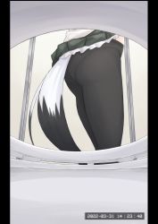 Rule 34 | 1girl, clothes lift, fox tail, from behind, highres, hololive, lower body, pantyhose, shirakami fubuki, skirt, skirt lift, solo, tail, toilet, undressing, virtual youtuber, voyeurism, we4ge