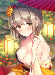 Rule 34 | 1girl, armpit crease, bare shoulders, blurry, blush, braid, breasts, cleavage, clothes down, collarbone, depth of field, flower, from side, grass, hair flower, hair ornament, hand up, japanese clothes, kimono, lantern, leaf, leaf print, long sleeves, looking at viewer, maple leaf, maple leaf print, masuishi kinoto, medium breasts, night, no bra, obi, off shoulder, official art, oil-paper umbrella, original, outdoors, parted lips, pavement, print kimono, sash, sidelocks, silver hair, solo, umbrella, upper body, wide sleeves, yellow eyes