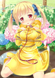 Rule 34 | 1girl, bdsm, bell, neck bell, blonde hair, blush, bondage, bound, collar, female focus, flower, hydrangea, leash, looking at viewer, original, raincoat, red eyes, rope, sekine irie, slave, solo, tail, tears, twintails