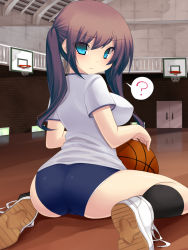 Rule 34 | 1girl, ?, ass, bad id, bad pixiv id, ball, basketball, basketball (object), basketball hoop, black socks, blue eyes, blush, breasts, brown hair, buruma, female focus, from behind, frown, gradient hair, gym, gym uniform, impossible clothes, impossible shirt, large breasts, long hair, looking back, multicolored hair, original, panties, shirt, shoes, sitting, sneakers, socks, solo, speech bubble, spoken question mark, tsukumiya amane, tsurime, twintails, underwear, wariza, wavy mouth, white panties