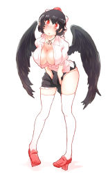 Rule 34 | 1girl, bad id, bad pixiv id, between legs, bird wings, black hair, blush, breasts, cleavage, collared shirt, full body, geta, hand between legs, hat, highres, large breasts, looking at viewer, neck ribbon, non (z-art), open clothes, open mouth, open shirt, partially unbuttoned, pom pom (clothes), red eyes, ribbon, shameimaru aya, shirt, short hair, simple background, skindentation, skirt, solo, standing, tengu-geta, thighhighs, thighs, tokin hat, touhou, white background, white thighhighs, wings, zettai ryouiki