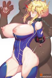 Rule 34 | 1boy, 1girl, absurdres, artoria pendragon (fate), artoria pendragon (lancer) (fate), ass, bdsm, blonde hair, blush, bondage, bound, breasts, cameltoe, collar, command spell, covered navel, crown, dark skin, faceless, faceless male, fat, fat man, fate/grand order, fate (series), green eyes, highres, large breasts, leotard, nipples, skin tight, slave, torn clothes, yanje