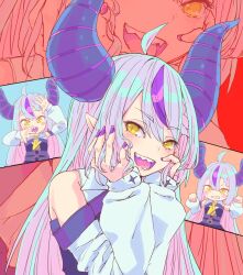 Rule 34 | 1girl, ahoge, ascot, braid, braided bangs, fangs, grey hair, hands on own face, highres, hololive, horns, kozakura-kun, la+ darknesss, la+ darknesss (1st costume), long hair, looking at viewer, multicolored hair, nail polish, open mouth, pointy ears, purple hair, purple horns, purple nails, sharp teeth, smile, solo, streaked hair, striped horns, teeth, virtual youtuber, yellow ascot, yellow eyes