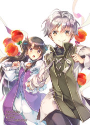 Rule 34 | &gt;:), 1boy, 1girl, :o, blunt bangs, brown eyes, brown hair, candy apple, clenched hand, copyright notice, cover, cover page, double bun, dress, food, grey hair, hair bun, highres, holding hands, licorice mille huarek, long hair, long sleeves, looking at viewer, novel cover, official art, okashi na tensei, pastry mille morteln, puffy sleeves, purple dress, shuri yasuyuki, smile, standing, v-shaped eyebrows, white background