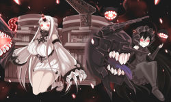 Rule 34 | 10s, 2girls, abyssal ship, bare shoulders, black hair, boots, breasts, claws, detached sleeves, dress, glowing, glowing eyes, gothic lolita, highres, horns, isolated island oni, kantai collection, large breasts, lolita fashion, long hair, marionette (excle), multiple girls, pale skin, pantyhose, red eyes, ribbed dress, seaport princess, short dress, single horn, thighs, very long hair, white hair