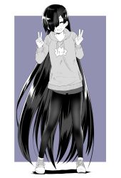 Rule 34 | 1girl, absurdres, casual, double v, eyepatch, closed eyes, fate/grand order, fate (series), greyscale, greyscale with colored background, highres, hood, hoodie, long hair, mochizuki chiyome (fate), monochrome, pantyhose, purple background, shorts, smile, tanuki (siutkm0228), v, very long hair