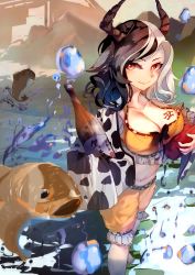 Rule 34 | 1girl, alcohol, animal ears, animal print, barefoot, black hair, blush, bottle, breast lift, breasts, carrying, cow ears, cow horns, cow print, crop top, fingernails, fish, frilled shirt, frilled shorts, frills, haori, highres, holding, holding bottle, horns, japanese clothes, large breasts, long sleeves, looking at viewer, looking to the side, medium hair, multicolored hair, nail polish, navel, parted bangs, red eyes, red nails, ririri, shirt, shorts, slit pupils, solo, split-color hair, statue, stomach, tank top, toenails, toes, touhou, two-tone hair, ushizaki urumi, white hair, wide sleeves, yellow shorts, yellow tank top