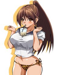 Rule 34 | 00s, 1girl, animal print, blush, breasts, brown eyes, brown hair, bubble tea, bubble tea challenge, closed mouth, drink, drinking, drinking straw, eyes visible through hair, highres, ichigo 100 percent, inabakun00, kitaooji satsuki, large breasts, leopard print, leopard print panties, long hair, looking at viewer, matching hair/eyes, midriff, navel, object on breast, panties, ponytail, school uniform, serafuku, side-tie panties, silhouette, simple background, solo, standing, underwear, white background