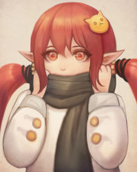 Rule 34 | 00s, 1girl, bad id, bad pixiv id, cat hair ornament, coat, covering own mouth, dungeon and fighter, grey background, hair bobbles, hair ornament, looking at viewer, low twintails, mage (dungeon and fighter), pointy ears, red eyes, red hair, scarf, short hair, sidelocks, simple background, solo, twintails, upper body, winter clothes, winter coat, yeond (yeon04)