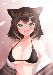 Rule 34 | 1girl, absurdres, animal ear fluff, animal ears, bare shoulders, black bra, blurry, bokeh, bra, breasts, brown hair, cat ears, cat girl, cat ornament, cleavage, collarbone, commentary request, depth of field, eyebrows, eyelashes, facing viewer, fang, fish hair ornament, forehead, fumino tamaki, gradient background, green eyes, hair ornament, hairclip, highres, hukhuk2, large breasts, looking at viewer, medium hair, nijisanji, off shoulder, open mouth, solo, sparkle, sweat, underwear, upper body, virtual youtuber