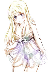Rule 34 | 1girl, babydoll, blue eyes, blush, breasts, cleavage, clothes lift, cowboy shot, embarrassed, fullmetal alchemist, leaning, leaning to the side, lifted by self, long bangs, long hair, looking away, medium breasts, nervous, panties, ribbon, see-through, simple background, skirt, skirt lift, solo, thighs, tsukuda0310, underwear, white background, white ribbon, winry rockbell