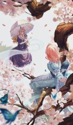 Rule 34 | 2girls, arm garter, blue kimono, branch, bug, butterfly, cherry blossoms, commentary request, dress, e (you33ou), falling petals, frilled kimono, frilled sleeves, frills, hat, highres, hitodama, holding, holding umbrella, in tree, insect, japanese clothes, kimono, long hair, long sleeves, looking up, mob cap, multiple girls, no headwear, no headwear, petals, pink hair, purple dress, saigyouji yuyuko, sitting, sitting in tree, touhou, tree, umbrella, wide sleeves, yakumo yukari
