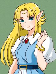 Rule 34 | 1girl, absurdres, belt, blonde hair, blue dress, blue eyes, breasts, dress, earrings, elf, gem, grin, hand up, highres, jewelry, long hair, looking at viewer, nintendo, pointy ears, princess zelda, smile, solo, standing, the legend of zelda, the legend of zelda: a link to the past, triforce, upper body