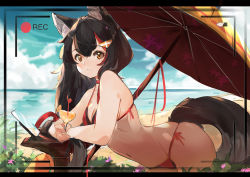 Rule 34 | animal ears, beach, bikini, black hair, blurry, blurry background, breasts, cleavage, cowboy shot, crazy straw, day, depth of field, drinking straw, from side, hair ornament, hairclip, hololive, leaning forward, long hair, looking at viewer, majocc (dusty051), martini, medium breasts, multicolored hair, ookami mio, orange eyes, outdoors, recording, red bikini, red hair, side-tie bikini bottom, smile, strap gap, streaked hair, swimsuit, tail, umbrella, viewfinder, virtual youtuber